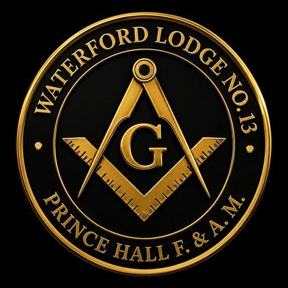 Waterford Lodge No. 13 emblem — gold square and compasses on black, Prince Hall F. & A. M.